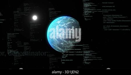Rotating planet Earth spinning in outer space, floating C++ code fragments and lens flare star Stock Photo