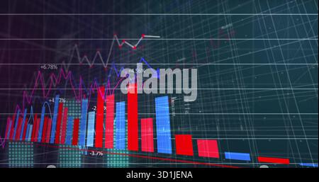 Displaying 3D red blue bars, pink-white line overlays, percentages, blue arrow on dashboard grid Stock Photo