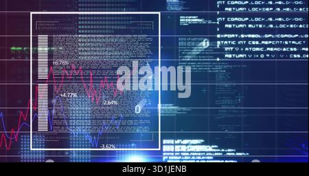 Displaying digital interface on blue screen, featuring translucent code panel, magenta blue graphs Stock Photo