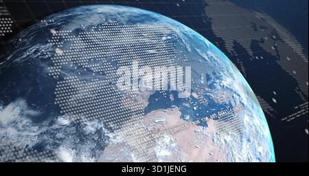 Rotating Earth globe showing data overlays and alphanumeric text over space grid Stock Photo