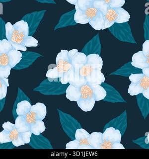 semless pattern branch flower jasmine with green leaves cartoon watercolour style isolated on white background. Hand-draw branch flowers Stock Vector