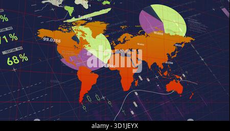 Displaying world map with pie charts and dashboard metrics on grid, showing trajectories and icons Stock Photo