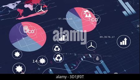 Displaying analytics dashboard on dark grid, with charts, world map and environmental icons Stock Photo