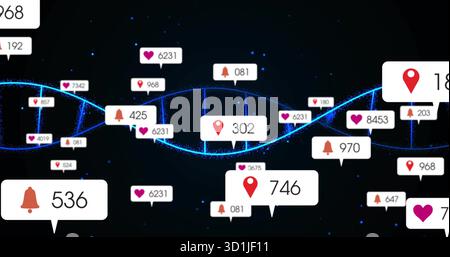 Glowing blue DNA helix stretching across abstract data space, displaying heart map pin bell icons Stock Photo