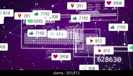 Floating wireframe keyboard and screens amid purple node mesh, showing social icons and counters Stock Photo