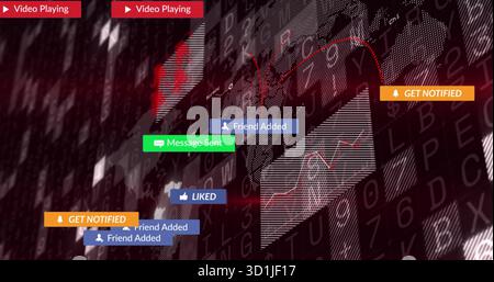 Displaying social media notifications cluster floating over dashboard, with world map and code Stock Photo