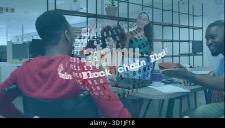 Discussing developers in casual clothes at table in office with blockchain sphere and wheelchair Stock Photo