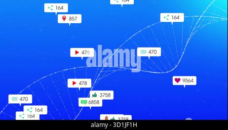Displaying dotted helix spiraling in virtual space, with social media labels linked by thin lines Stock Photo