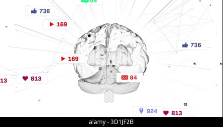 Floating translucent 3D brain connecting notification icons on white background, network graph Stock Photo