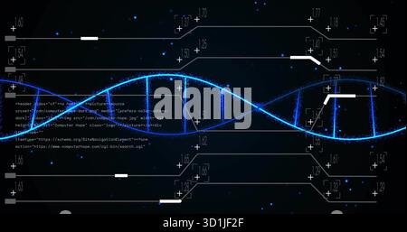 Hovering glowing DNA double helix in virtual space, with numeric callouts and code fragments Stock Photo