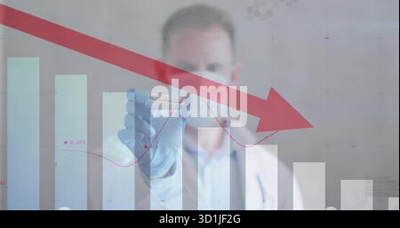 Holding vaccine vial wearing blue gloves scientist showing declining red arrow and bars in lab Stock Photo
