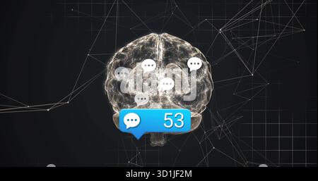 Floating brain glowing in network grid environment, with blue notification bubble and speech icons Stock Photo
