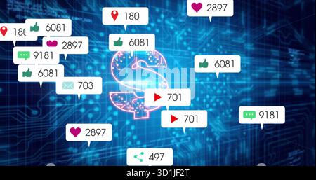 Glowing neon dollar sign hovering over circuit grid, displaying floating social media notifications Stock Photo