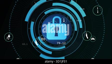 Displaying security HUD featuring blue padlock icon centered dashboard, with binary code callouts Stock Photo