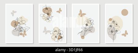 Set of creative minimalist hand draw illustrations floral outline, butterfly silhouette and pastel biege simple shape for wall decoration, postcard Stock Vector
