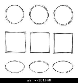 vector illustration hand drawning circle, oval, square line sketch set isolated on transparent background. Art design round circular scribble doodle Stock Vector