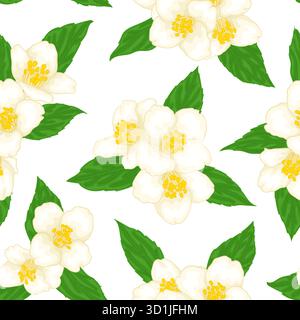 semless pattern branch flower jasmine with green leaves cartoon watercolour style isolated on white background. Hand-draw branch flowers Stock Vector