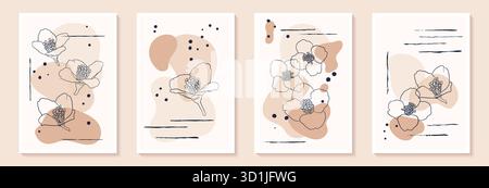 Set of creative minimalist hand draw illustrations floral outline, butterfly silhouette and pastel biege simple shape for wall decoration, postcard Stock Vector