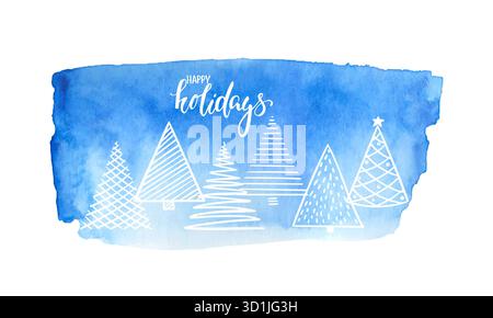 happy holidays Hand drawn brush pen lettering. watercolor textured stain background and doodle christmas tree Stock Vector