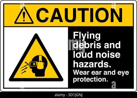 Safety Sign – Flying Debris Hazard warns of potential injury from particles or objects ejected during operation. Indicates the need for eye and face p Stock Vector