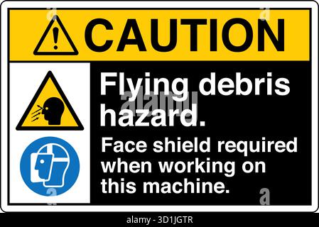 Safety Sign – Flying Debris Hazard warns of potential injury from particles or objects ejected during operation. Indicates the need for eye and face p Stock Vector