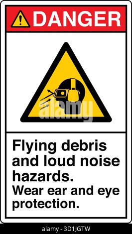 Safety Sign – Flying Debris Hazard warns of potential injury from particles or objects ejected during operation. Indicates the need for eye and face p Stock Vector