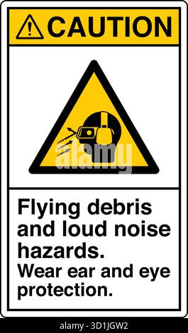 Safety Sign – Flying Debris Hazard warns of potential injury from particles or objects ejected during operation. Indicates the need for eye and face p Stock Vector