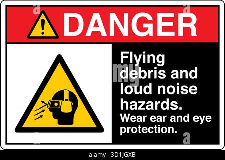 Safety Sign – Flying Debris Hazard warns of potential injury from particles or objects ejected during operation. Indicates the need for eye and face p Stock Vector