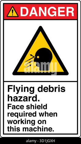 Safety Sign – Flying Debris Hazard warns of potential injury from particles or objects ejected during operation. Indicates the need for eye and face p Stock Vector