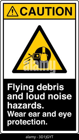 Safety Sign – Flying Debris Hazard warns of potential injury from particles or objects ejected during operation. Indicates the need for eye and face p Stock Vector