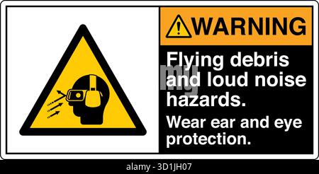 Safety Sign – Flying Debris Hazard warns of potential injury from particles or objects ejected during operation. Indicates the need for eye and face p Stock Vector