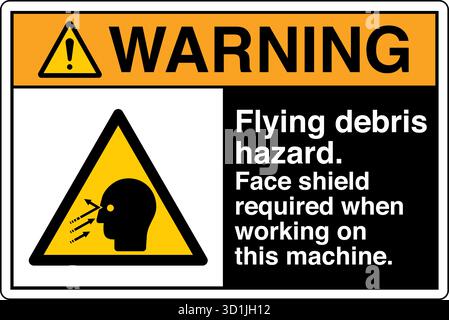 Safety Sign – Flying Debris Hazard warns of potential injury from particles or objects ejected during operation. Indicates the need for eye and face p Stock Vector