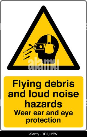 Safety Sign – Flying Debris Hazard warns of potential injury from particles or objects ejected during operation. Indicates the need for eye and face p Stock Vector