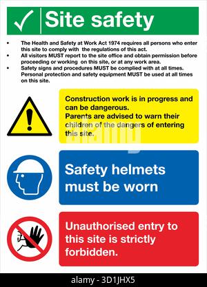 Multi Message Site Safety Sign displays multiple safety instructions in one panel, combining warnings, mandatory actions, and prohibitions. Stock Vector