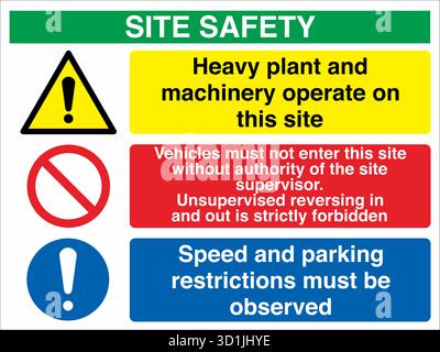 Multi Message Site Safety Sign displays multiple safety instructions in one panel, combining warnings, mandatory actions, and prohibitions. Stock Vector