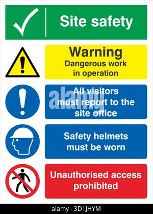 Multi Message Site Safety Sign displays multiple safety instructions in one panel, combining warnings, mandatory actions, and prohibitions. Stock Vector