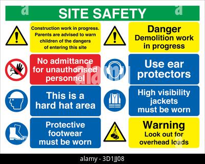 Multi Message Site Safety Sign displays multiple safety instructions in one panel, combining warnings, mandatory actions, and prohibitions. Stock Vector