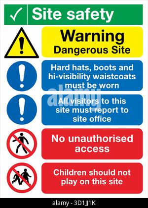 Multi Message Site Safety Sign displays multiple safety instructions in one panel, combining warnings, mandatory actions, and prohibitions. Stock Vector