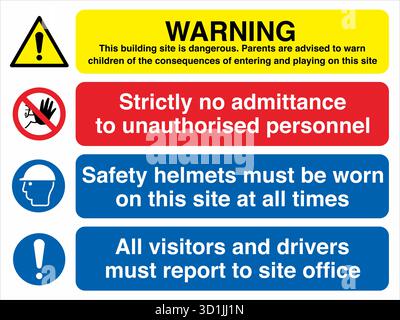 Multi Message Site Safety Sign displays multiple safety instructions in one panel, combining warnings, mandatory actions, and prohibitions. Stock Vector
