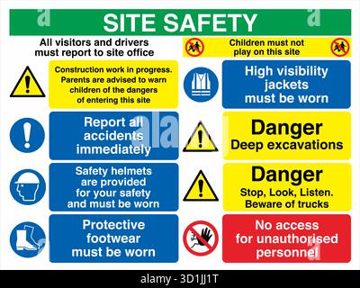 Multi Message Site Safety Sign displays multiple safety instructions in one panel, combining warnings, mandatory actions, and prohibitions. Stock Vector