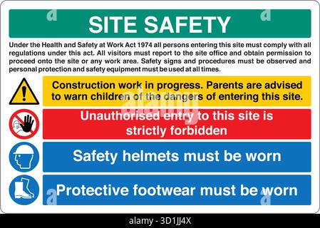 Multi Message Site Safety Sign displays multiple safety instructions in one panel, combining warnings, mandatory actions, and prohibitions. Stock Vector