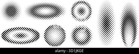 Halftone gradient collection. Dotted texture round and ellipse patterns. Comic faded circles and ovals background set. Pixel halfton element group for frame, poster, collage, banner, flyer. Vector Stock Vector