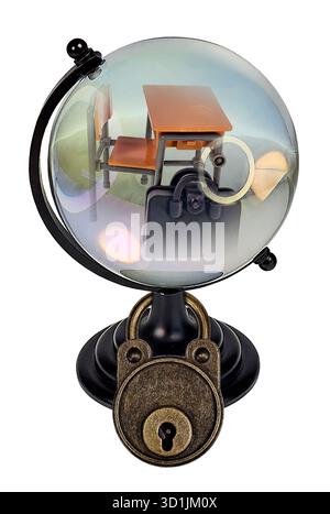 Unlocking student future shown by student desk in a crystal globe and vintage lock Stock Photo