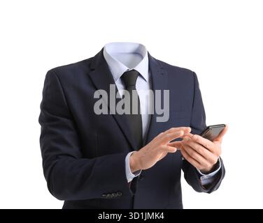 Businessman without head holding mobile phone on white background Stock Photo