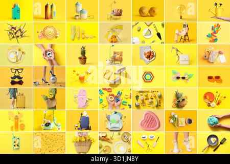 Big collection of different people and items on yellow background Stock Photo
