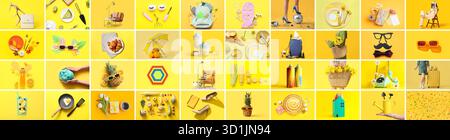Big collage of different people and items on yellow background Stock Photo