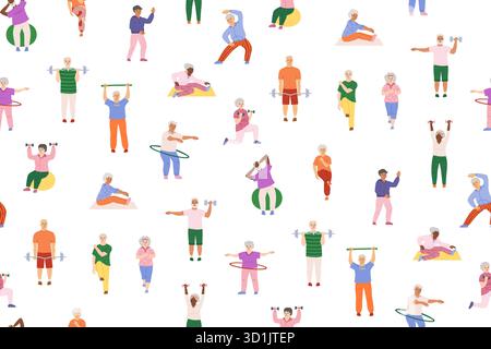 Older people play sports seamless pattern. Elderly fitness characters old men women senor senora endless background. Adult seniors running exercises gym cardio yoga stretching jogging repeat vector Stock Vector