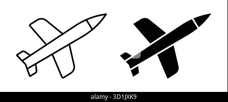 Two distinct missile icons showcased in outline and solid black styles. Suitable for military, technology, and defense projects. Stock Vector