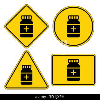 Warning Signs Featuring Medicine Bottle Icons in Various Shapes and Designs Stock Vector