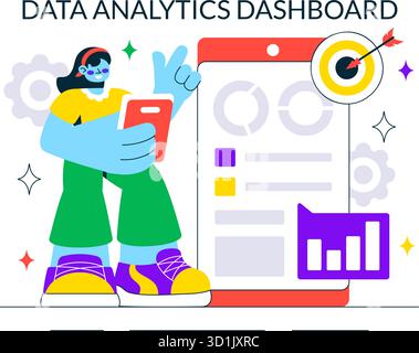 Data Analytics Dashboard Illustration Featuring Marketing Analytics With Performance Graphs, Conversion Metrics, And Charts In A Flat Background Stock Vector